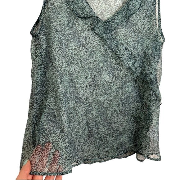 Vintage Y2K Silk Sheer Ruffle Top Size Medium Green Animal Print Made In Italy - Picture 2 of 7